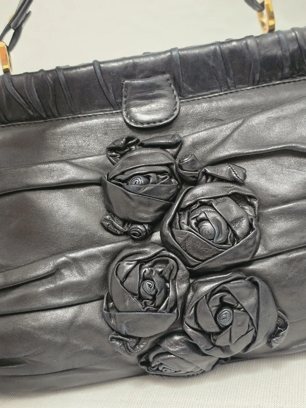 ​Valentino Black Leather Rose Applique Statement Bag with Additional Strap
